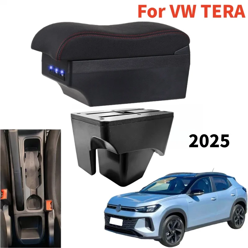 Caixa de apoio de braço para volkswagen vw tera 2025, apoio de braço para carro, modificação interior, couro, console central, armazenamento usb