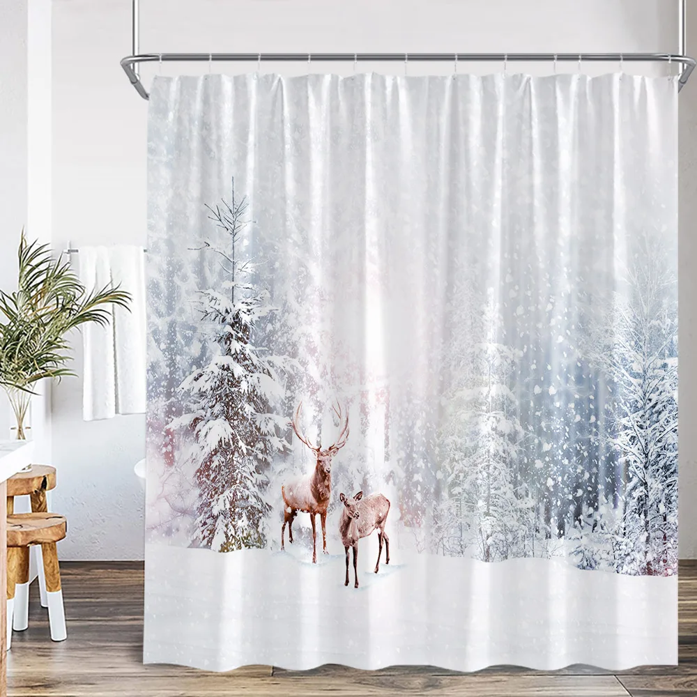 

Winter Scenery Shower Curtain Snowy Forest Elk Deer Pine Tree Natural Scenery Bathtub Curtain Polyester Home Decor for Bathroom
