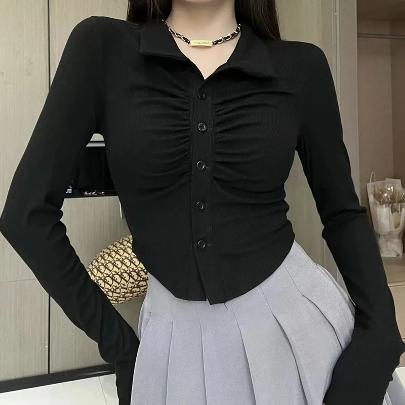 Camisa polo feminina moda coreana ajuste fino cintura cinched plissado topo manga longa cor sólida picante menina sexy camada base