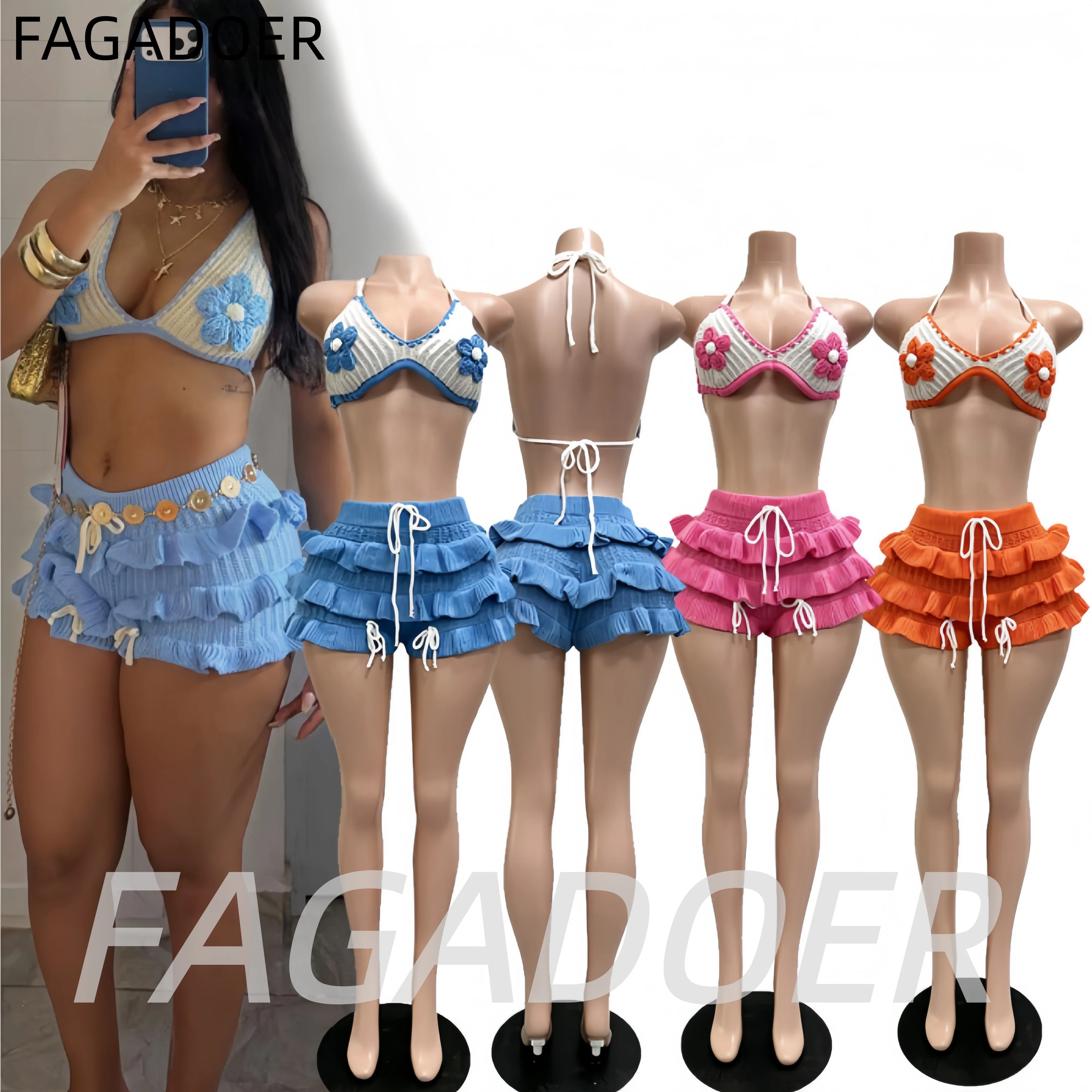 

FAGADOER Sweet Knitted Ruffles Shorts 2 Piece Sets Cute Flower Patckwork Lace-up Crop Tops + Pleated Ruched Shorts Outfits Beach
