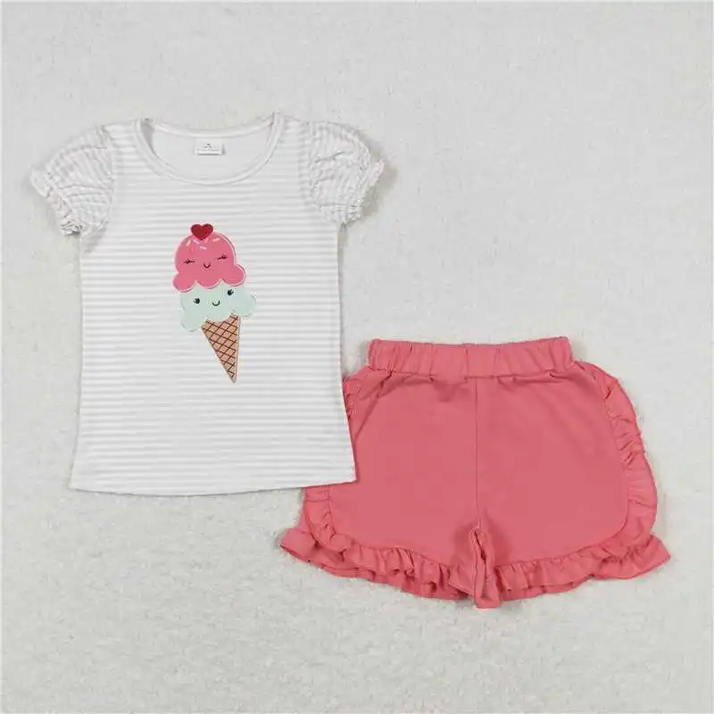 wholesale western boutique baby girls clothes Embroidered ice cream truck Blue striped short sleeve rose pink shorts outfits