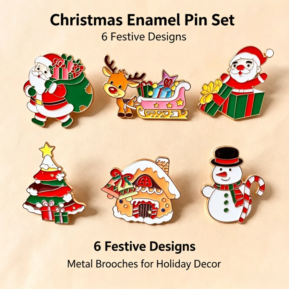 6 Styles Christmas Lapel Pins, Cute Enamel Brooch Santa Claus Sleigh Snowman Christmas Tree Badge for Holiday Decoration Gift La
