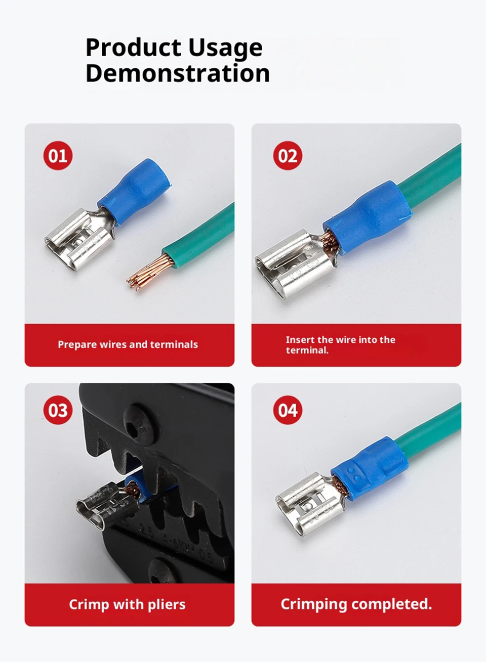 Flachstecker-Crimpklemmen 2,8 4,8 6,3 mm Isolierte Stecker und Buchsen für Kabelverbindungen FDD/MDD/FDFD für Schnellverbindungskabel – Detail 9
