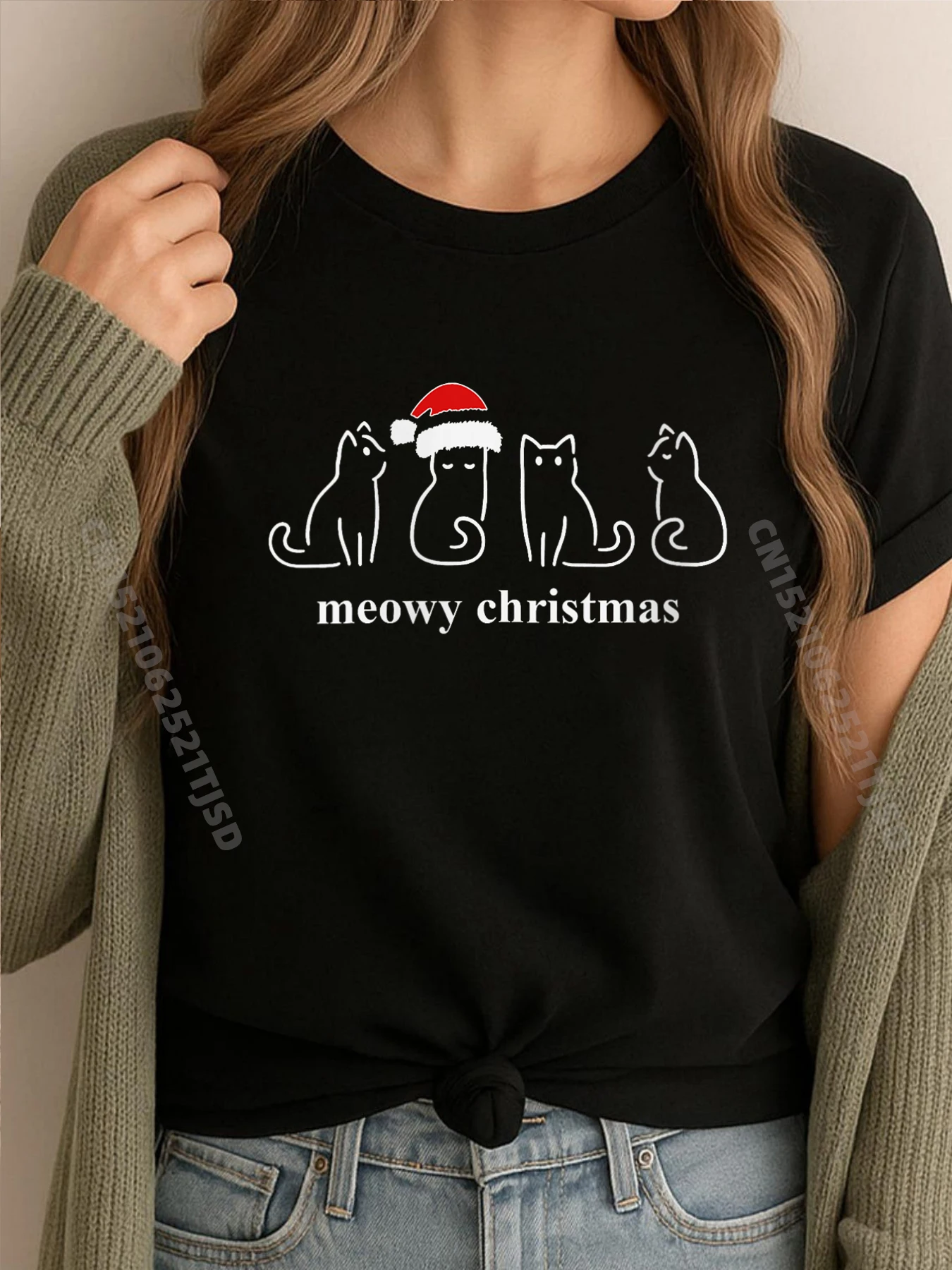 

Womens Meowy Catmas Cat Christmas Cute Kitten Cats Santa Hat Xmas Graphic Shirts Woman Autumn T Shirts WashedCasual