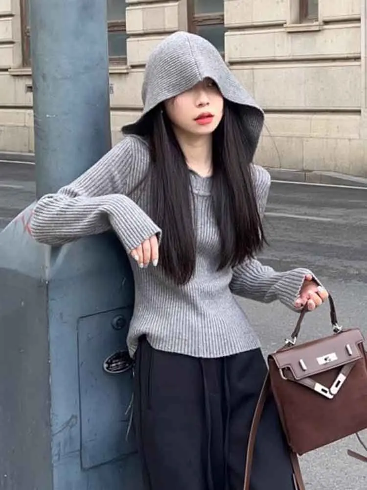 

Korean Sle Hooded Knitwear Women's Outerwear Wool Sweater Jaet Versatile Slimming Autumn Winter New Arrival Base Layer Top