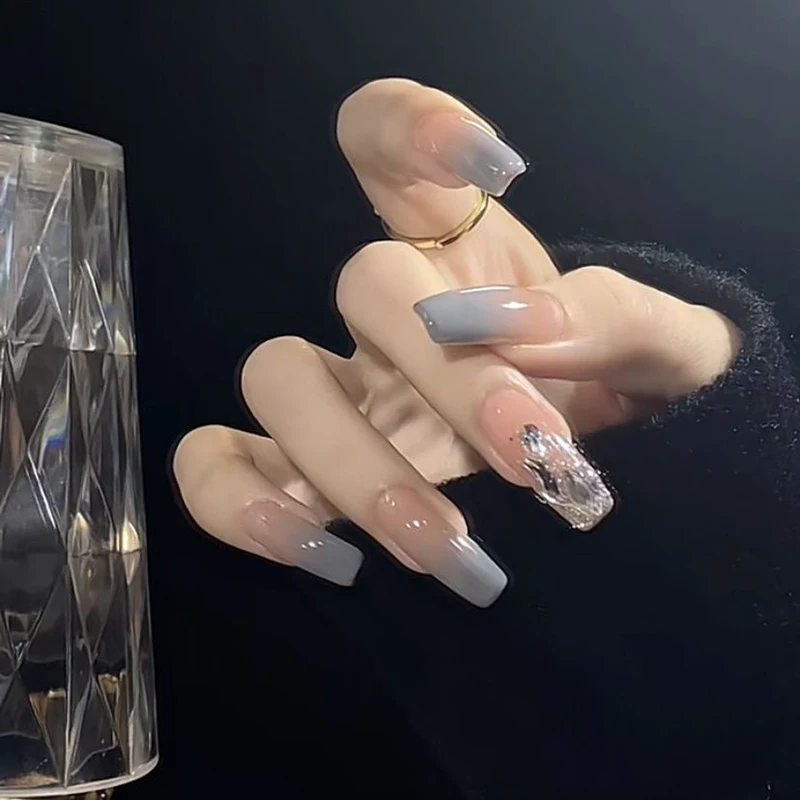 Imprensa Falsa Francesa Artesanal Em Unhas Com Strass, Unhas Postiças Cinzentas, Decoração De Manicuree De Bailarina Cobertura Completa, Unhas Artificiais Vestíveis