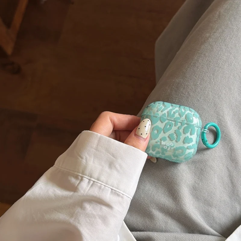 Green Leopard Pattern IMD Anti-fall Earphone Case with Ring for Airpods 1, 2, 3, 4, Pro, Pro2, Pro3