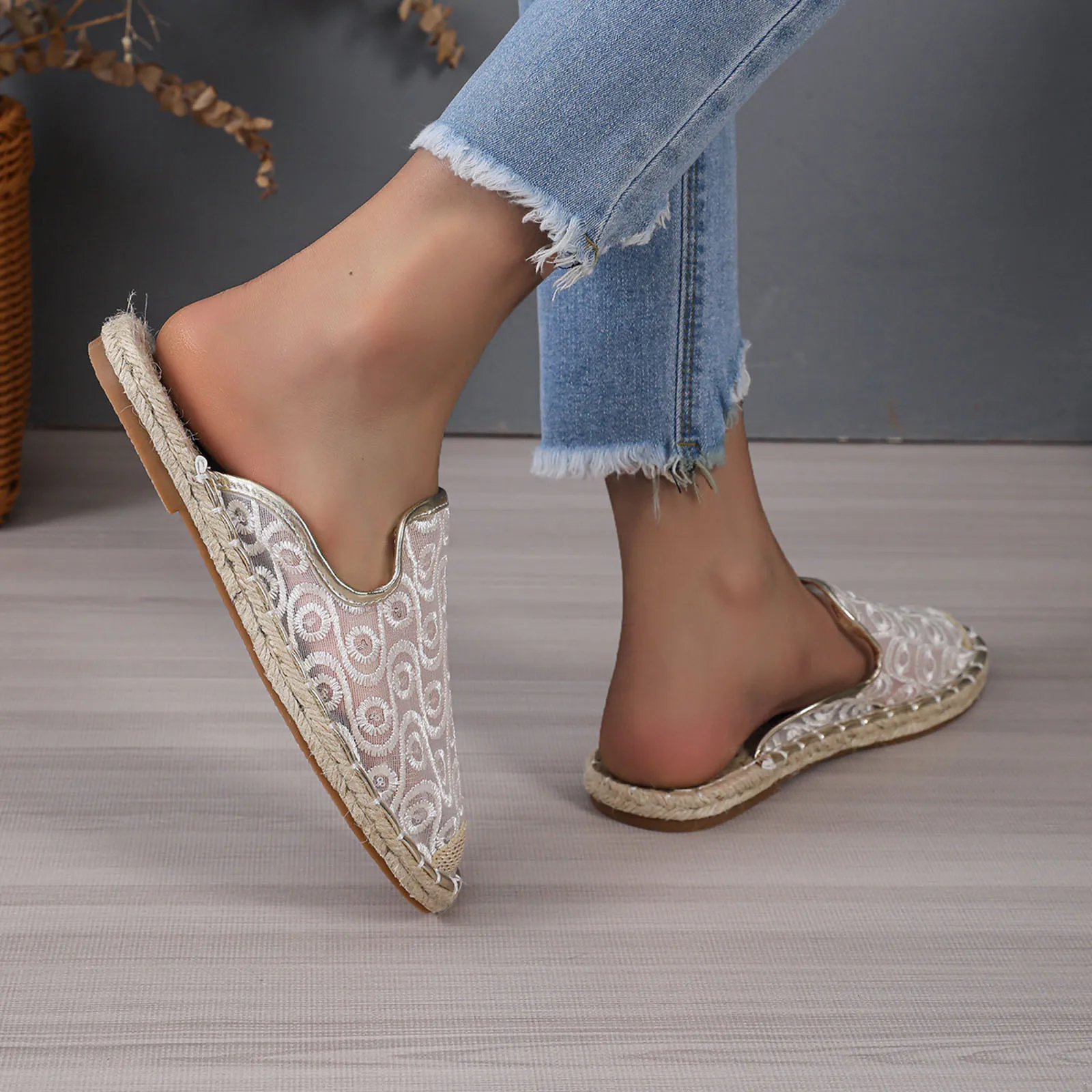 Women’S High Heel Slippers Ladies Hollow Breathable Fisherman Shoes Woven Straw Shoes Flat Bottom Casual Chaussures Femme