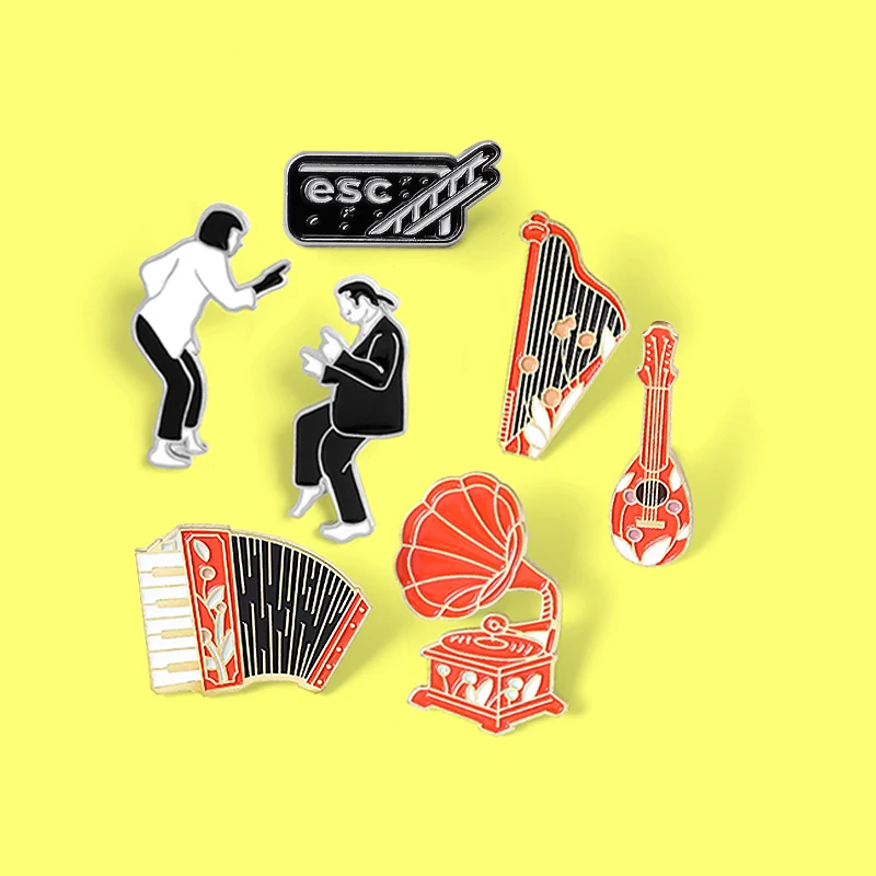 Black red style Brooches Pulp Fiction Vintage Instrument Enamel Pin Custom Phonograph Accordion Guitar Brooch Badge Jewelry Gift