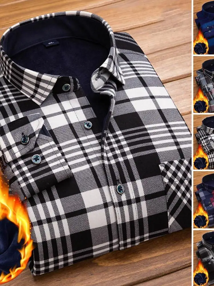 

Мужской фланелевой клетчатый воротник с воротником-стойкой на подкладке Fce Long Sve Ne, зимний теплый топ из полиэфирного волокна M