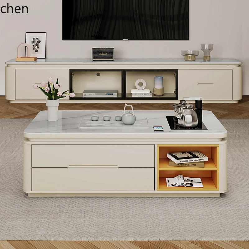HT Cream Style Tea Table with Tea Brewing Integrated Living Room Home Kung Fu  Rock Board  High-end Tea Set