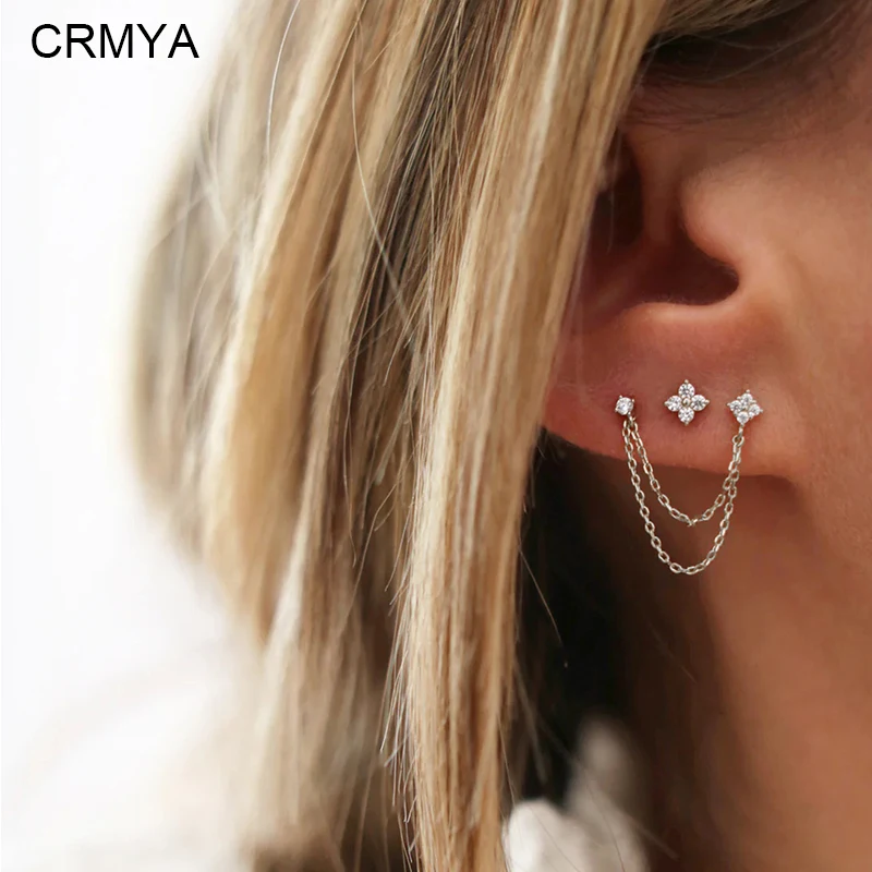 Crmya Initial Chain Stud Earrings for Women Piercing Zirconia Gold-plated Small Stud Earring Women Vacation Jewelry Accessories