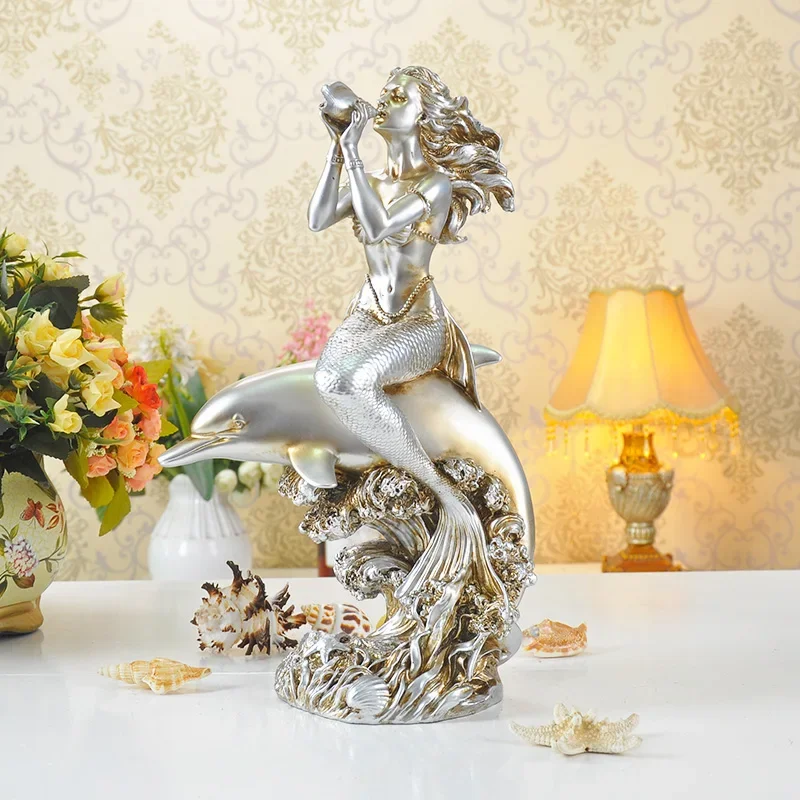 Mediterranean Style Figurine Mermaid Statue Resin Art Sculpture Indoor Outdoor Decoration Garden Home Office OrnamentAccessories