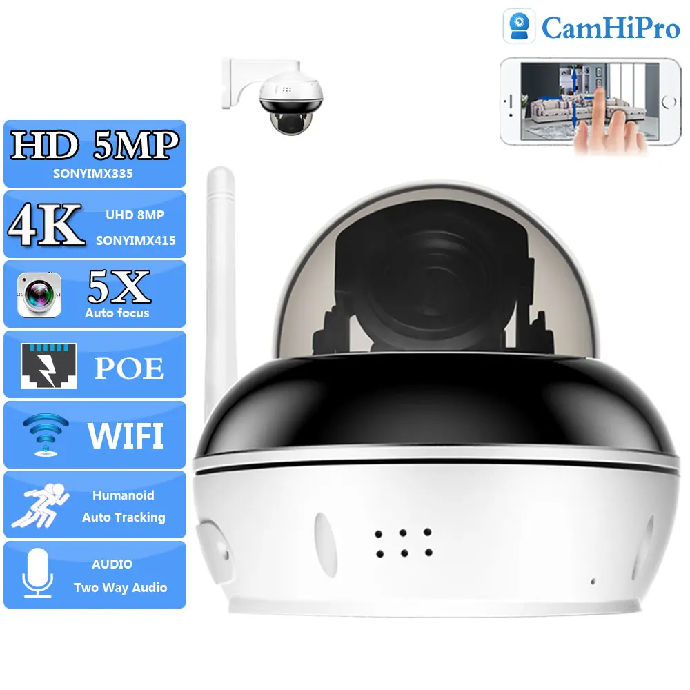 RU UHD 4K 8MP Wireless Security Mini Wifi Dome PTZ POE 48V 5MP 5X Optical Zoom Autofocus Human Tracking Two Way Audio IR 30m