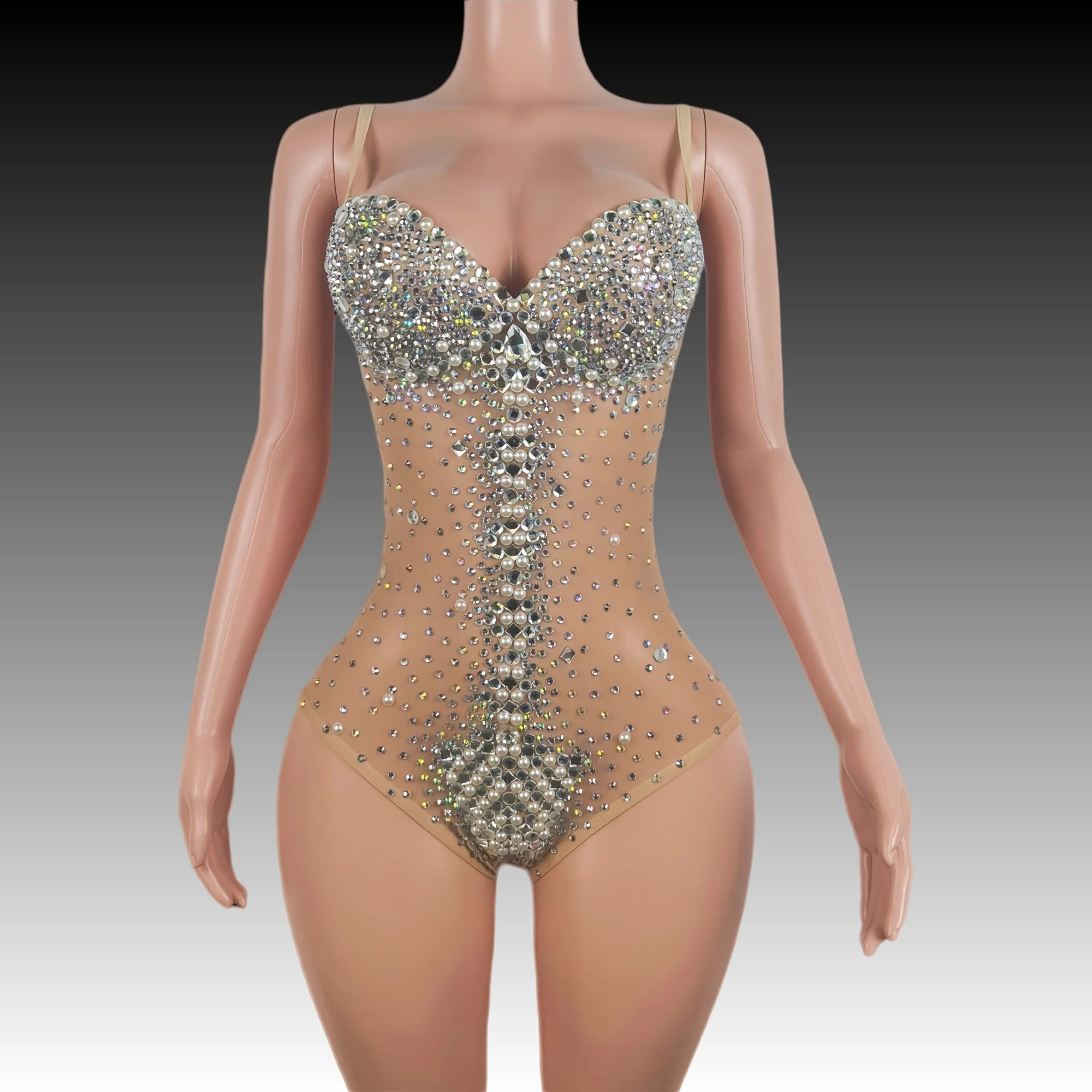 

Sexy Perspective Rhinestones Pearls Leotard Singer Dancer Bodysuit Dance Costume Women's Photo Shoot Outfit Performance Wear