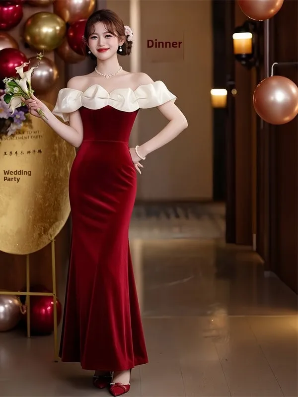 Elegant Wine Red Velvet One Shoulder Fish Tail Evening Dress for Engagement Dinner Return Home Ceremony Slimming Ball Gown