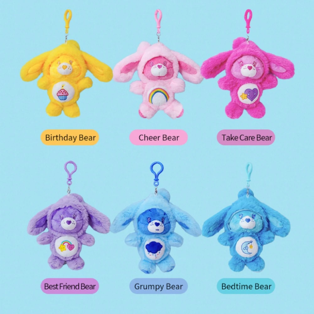 

Carebears Plush Rabbit Hat Keychain with Rainbow Bear Doll Pendant Kids School Bag Ornament Birthday Gift