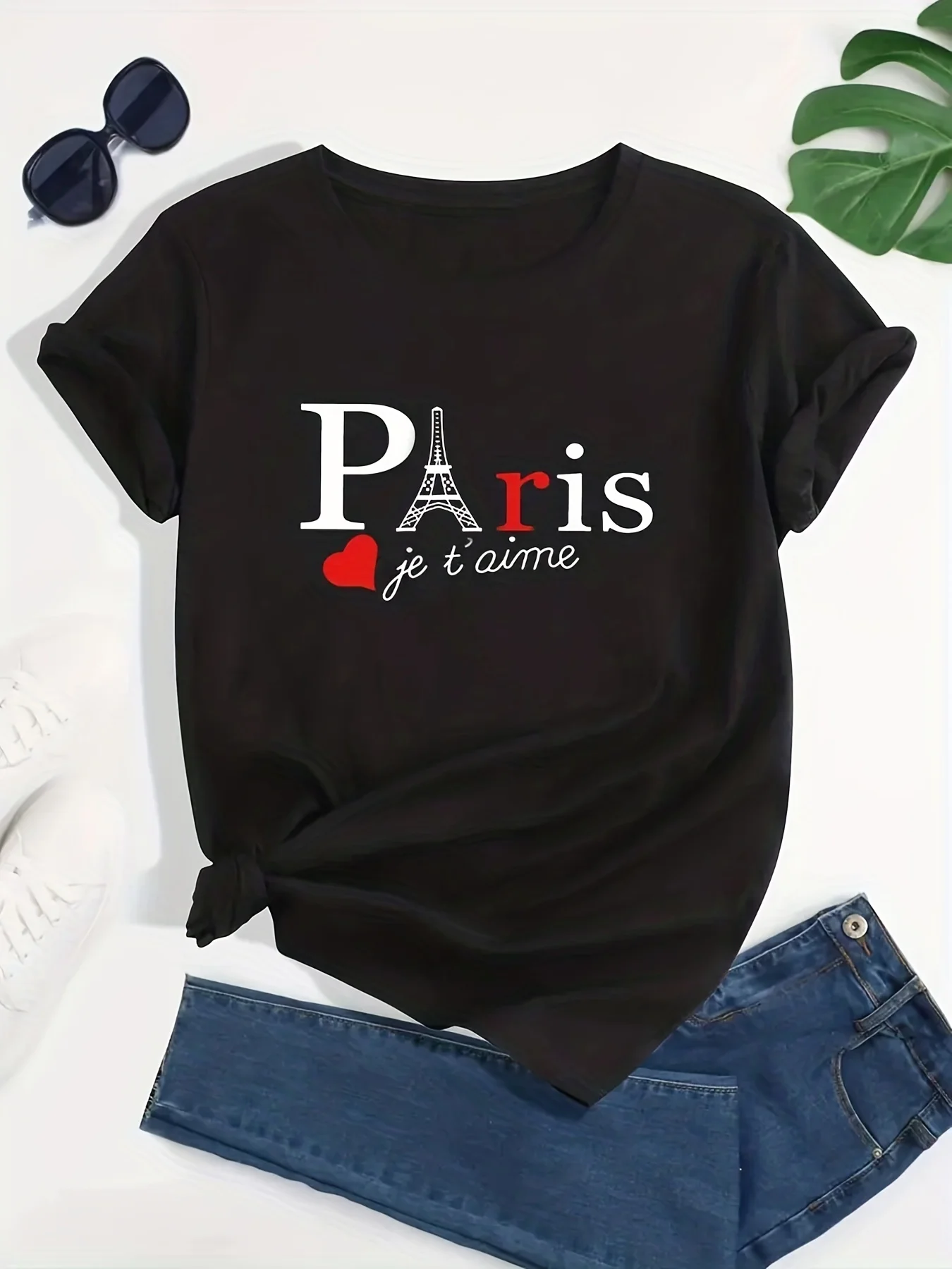 Eiffel Tower & Letter Print Women T-Shirts Casual Crew Neck Short Sleeve T-Shirt Summer Women's Clothing Female Tops Tees