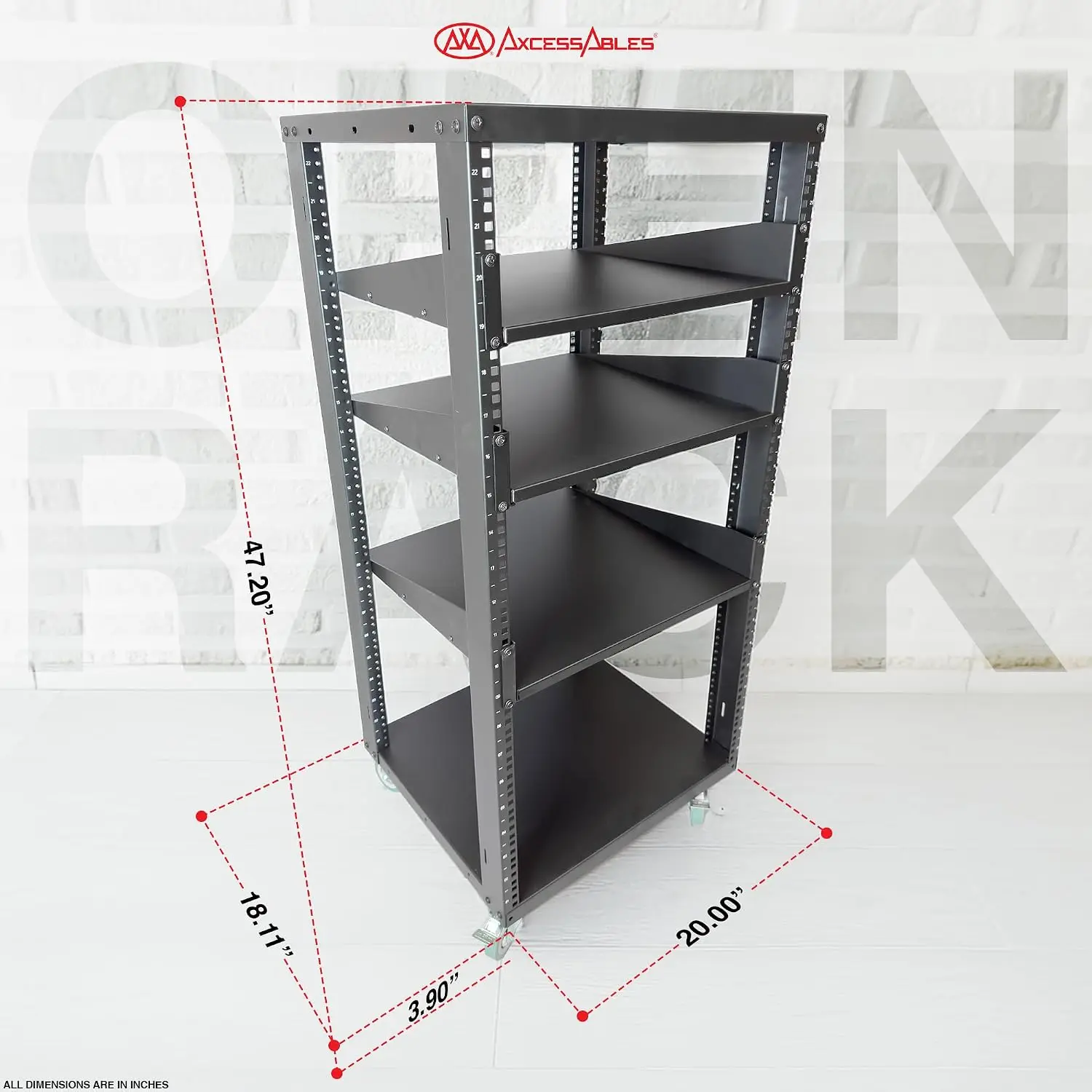 AxcessAbles 22U Open Frame Network & AV Rack with Caster Wheels, Three 2U Shelves, 10-32 & Cage Nut Compatible Rails, Cage Nuts,