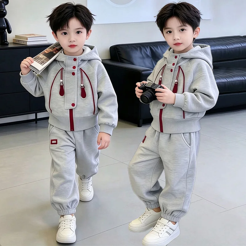 Spring Autumn 5-14 Years Boys Girls Hoodie 2‑Piece Outfit Kids Color Block Half Button Jacket & Pants Casual Loose Sport Set