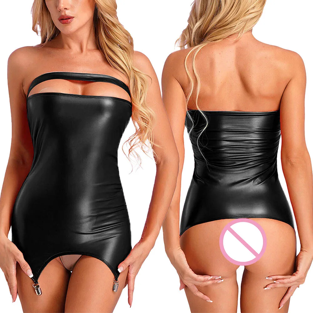 

Women Bodycon Dresses Open Cups Faux Leather Wet Look Dresses Garter Shiny Nightwear Clubwear Exotic Costumes Underwear