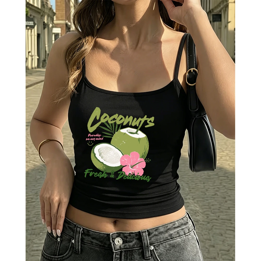 Tropical Coconut Camisole Women Summer Fruit Graphic Tank Top Casual Sleeveless Vest for Beach Vacation Holiday Style