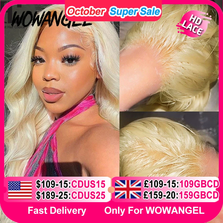 Wow Angel Reale HD Parrucca Frontale Del Merletto 250% 13x4 HD Anteriore Del Merletto Parrucca Dei Capelli Umani 613 Bionda Parrucche Dell'onda Del Corpo HD Parrucca di Chiusura Del Merletto Glueless