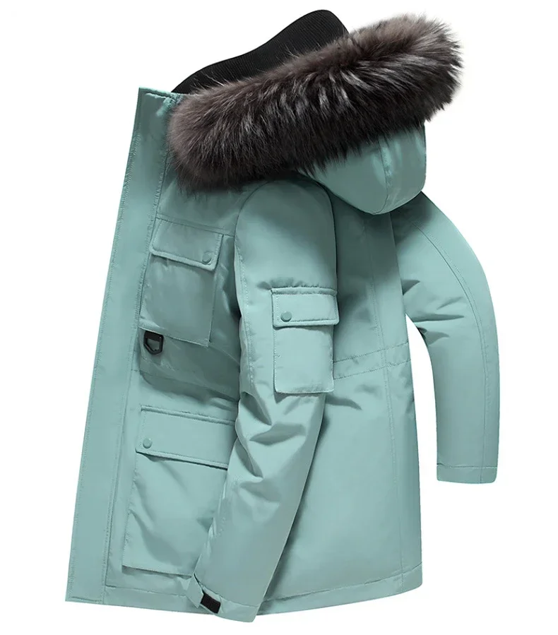 Chaqueta de invierno de plumón de pato blanco para hombre, Parka larga, informal, gruesa, cálida, Cuello de piel, trabajo de alta gama, impermeable,