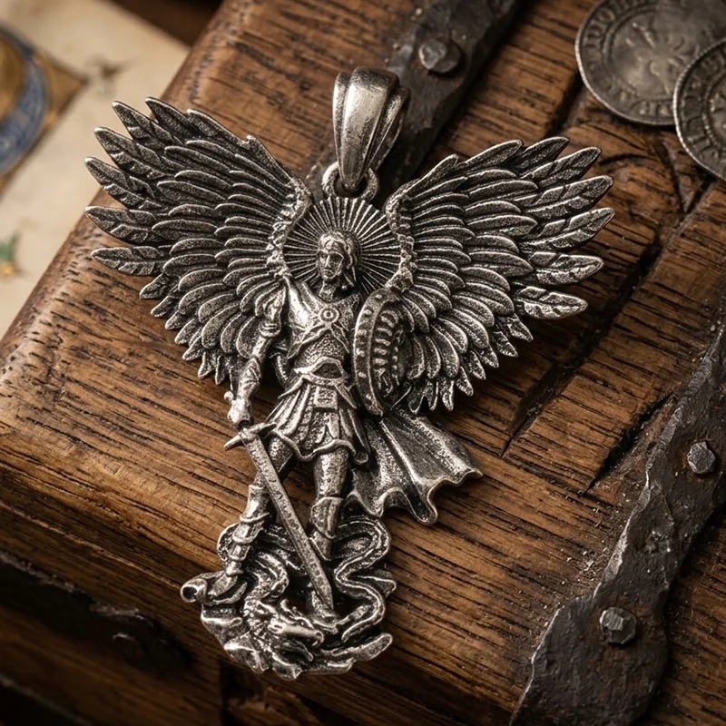 Buy 4 Get 1 Free Flames-gilded wings pierce the shadows, Michael stands upon the clouds with upraised sword Silver platedPendant