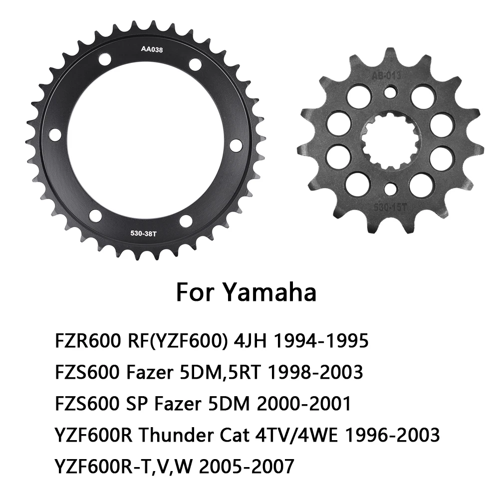 530 38T 15T Motorcycle Front Rear Sprocket for Yamaha FZR600 RF YZF 600 4JH 1994-95 FZS600 Fazer YZF600R Thunder 96-07 YZF600R-T