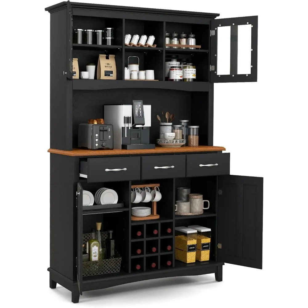 72.5” Buffet with Hutch, Freestanding Pantry Storage Cabinet with Drawers, Adjustable Shelves, Wine Grids, Microwave Countertop,