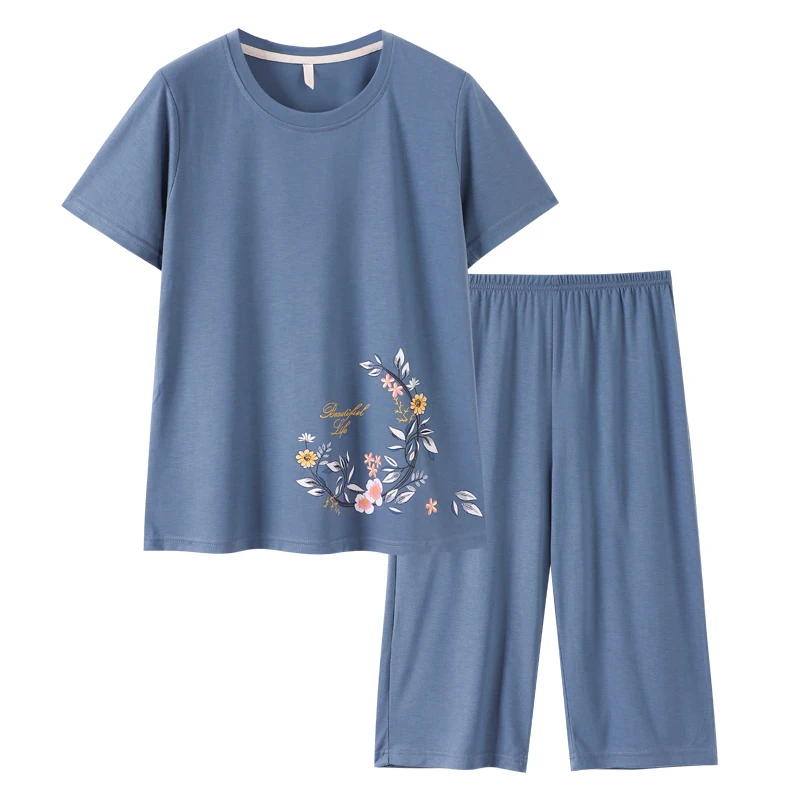 Summer 2 Pieces Set Modal Elegant Women Pajamas Print Short Sleeve Top Elastic Waist Cropped Trousers Home Lounge Sleepwear
