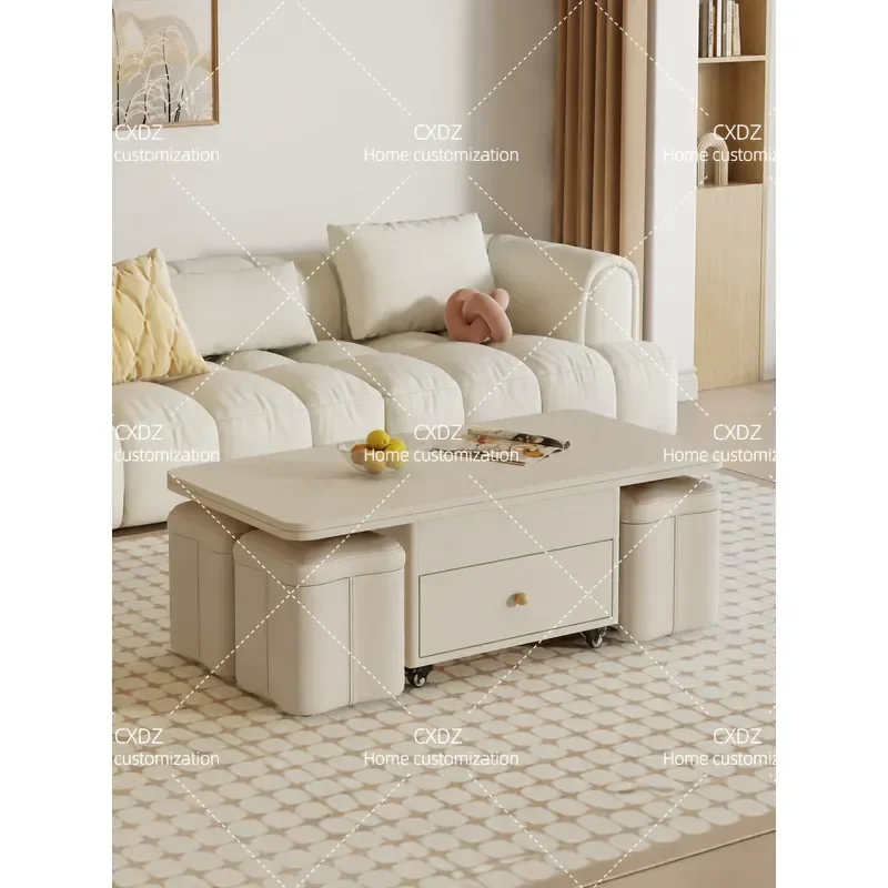 French Cream Wind Mobile Lifting Coffee Table Dining Table Integrated Household Living Room Multifunctional Storage Tea Table