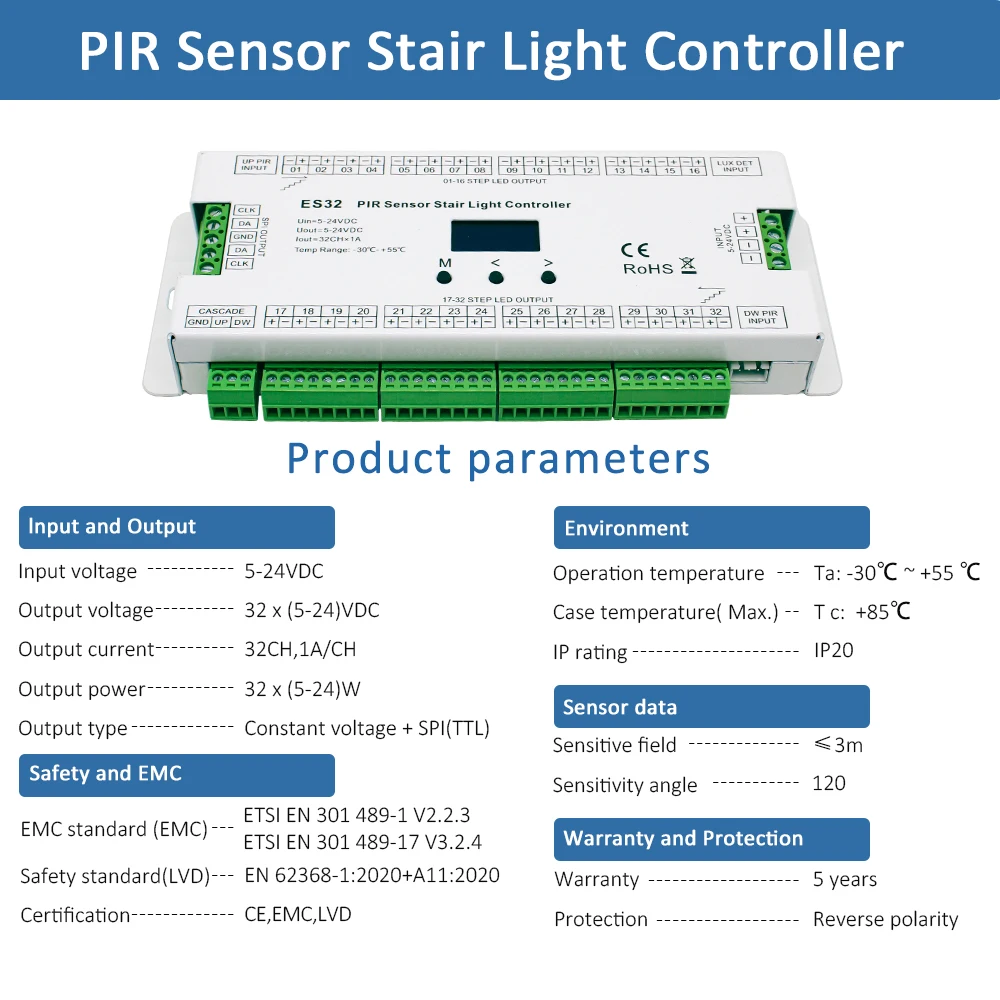 ES32 Kontroler schodów Czujnik ruchu PIR 32CH Jednokolorowy 2CH RGB Pixel SPI LED Strip Kontroler oświetlenia schodów wewnętrznych 5V-24V