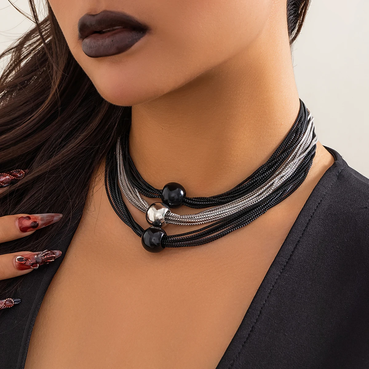 IngeSight.Z Gothic Multi Layered Mixed Color CCB Big Ball Choker Necklace Women Punk Black Box Chain Necklace Halloween Jewelry