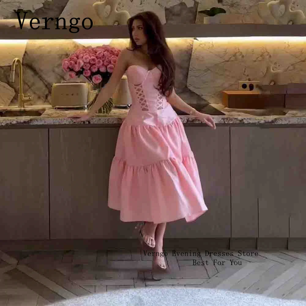 Verngo PINK Satin Evening Dress Sweetheart Cut Out Prom Gowns For Women Simple A Line Birthday Party Dress