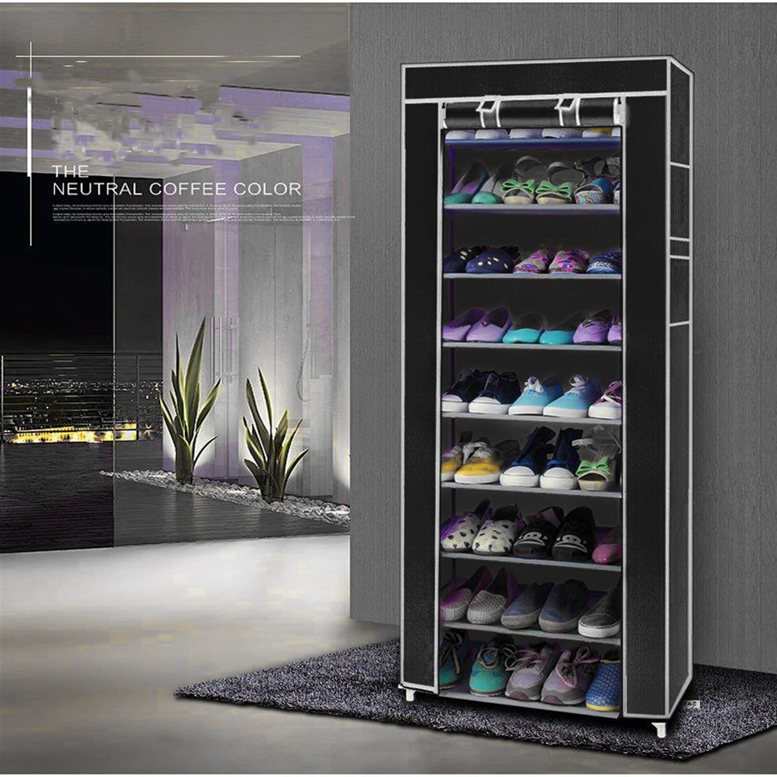 9-Tier Shoe Storage Cabinet, Freestanding Shoes Cabinet with 9 Cubbies ,Room-saving Non-woven Fabric Shoe Rack Black