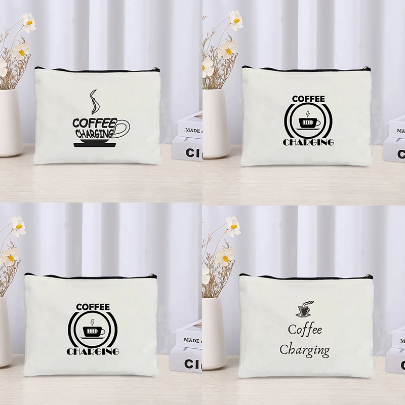 Coffee Charging Pattern Canvas Makeup Bag Funny Toiletry Bag Trend Gift for Coffee Lover Cosmetic Case Coffee Is Power Wallet