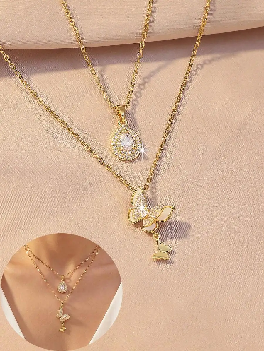 

2pcs Layered Butterfly And Teardrop Pendant Necklace Set For Women