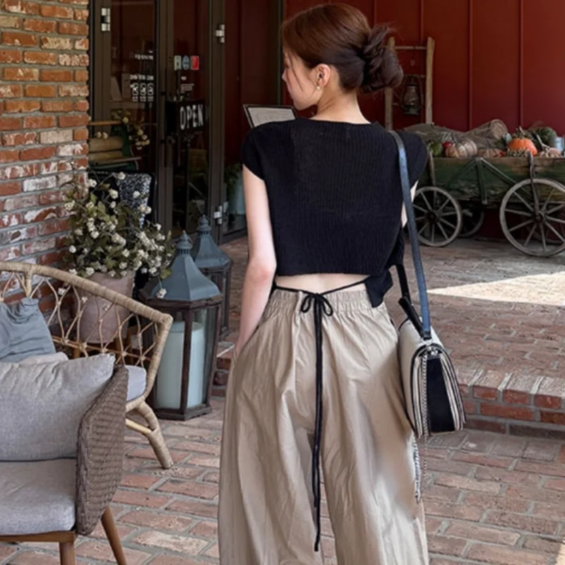 

Korean Sle Women's Knitted Sweater ort Sve Waist Cinching Design Sensual Strap Detail Casual Versatile Faionable