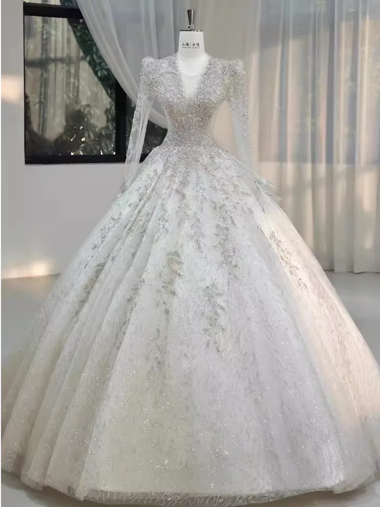 DFDG Vestido de novia de alta costura con cuello en V, manga larga, blanco, lujoso, trabajo pesado, encaje, novia, ceremonia principal de primavera y verano, 2025