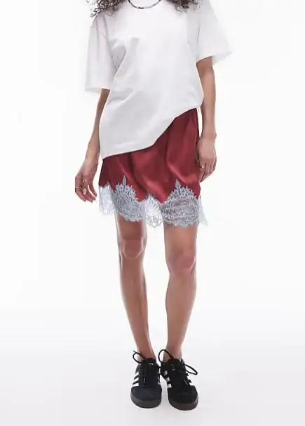 Lace Trimmed Satin Skirt Rose Red Womens Fashionable Short Skirt With Elastic Waistband And Bow Ideal For Party And Casual Wear