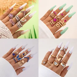 New Crystal Geometric Kunckle Ring Set For Women Colorful Rhinestone Heart Butterfly Snake Wedding Finger Ring Boho Jewelry