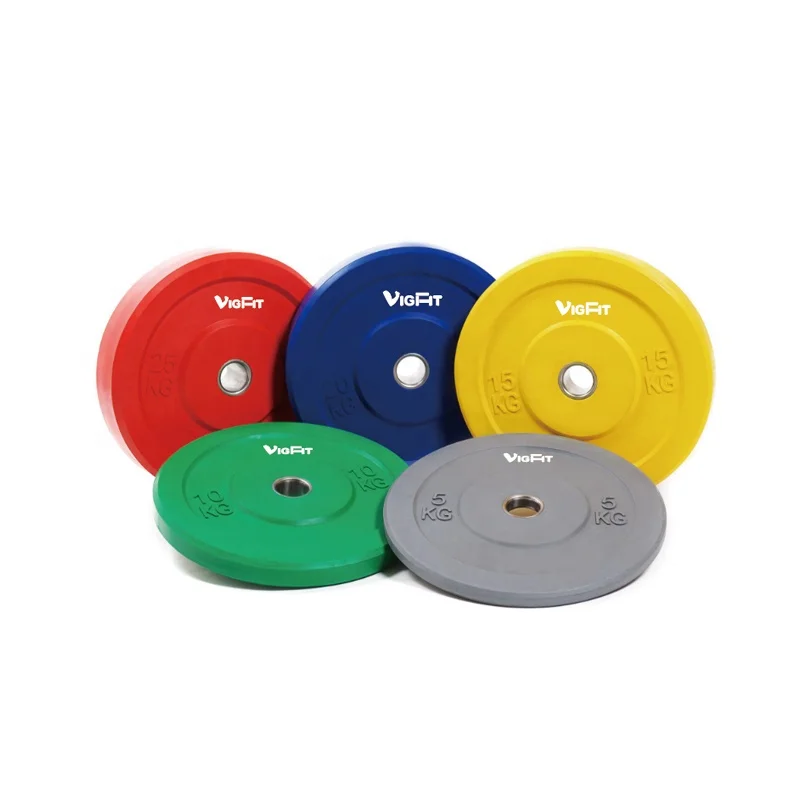 Placas de parachoques de goma coloridas, placas de barra de levantamiento de pesas para gimnasio