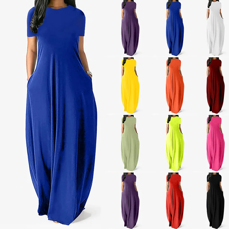 

New Women Summer Long Dress Loose Double Pocket Dress Crew Neck Short Sleeve High Waist Maxi Dresses Beach Sundress