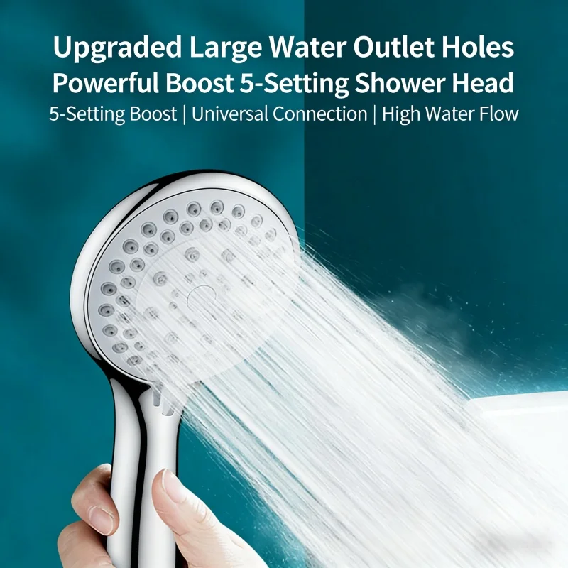 5‑Setting Boost Shower Head Large Water Outlet Holes High Flow Chrome Handheld Showerhead for Home Bathroom