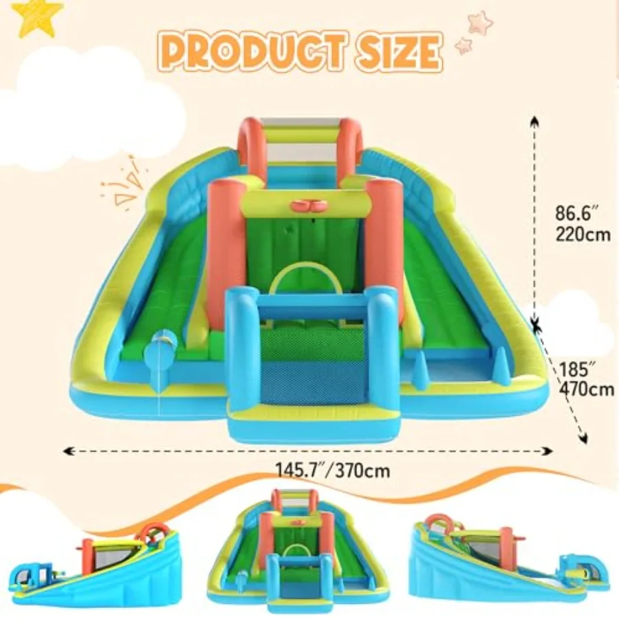 Backyard water park inflatable bounce house with double slide, PVC material, blue and yellow, includes blower, water cannon, fo