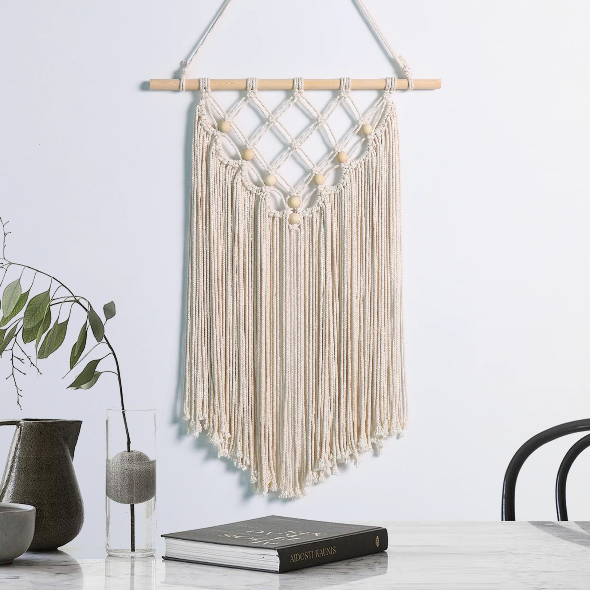 Wood Bead Macrame Wall Hanging, Fringe Cotton Woven Tapestry, Boho Wall Art for Bedroom Home Decor