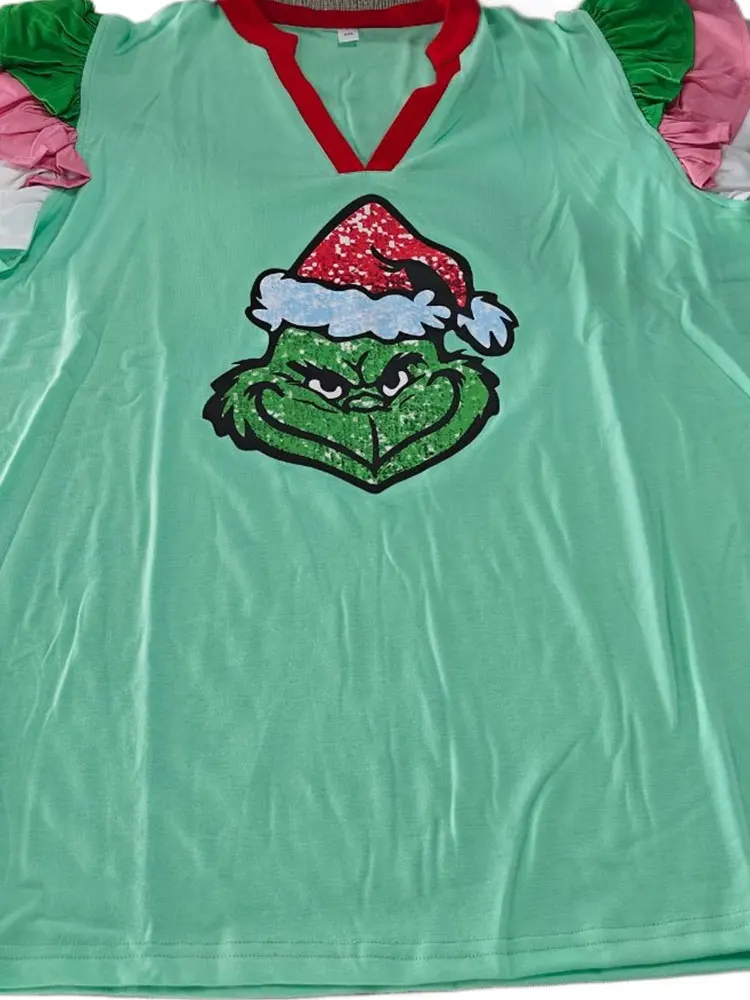 Top de Navidad con volantes en contraste, blusas de manga voladora, no con lentejuelas