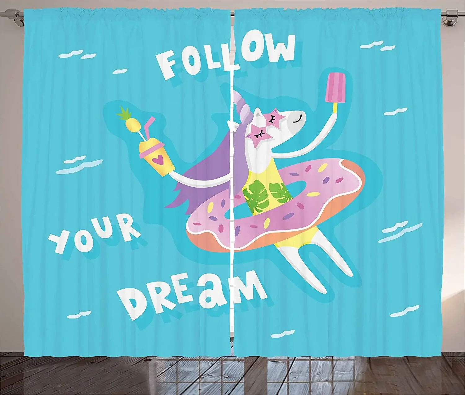 Unicorn Party Blackout Curtains Motivational Message Follow Your Dream Quote with Summer Animal in The Pool Window Curtain